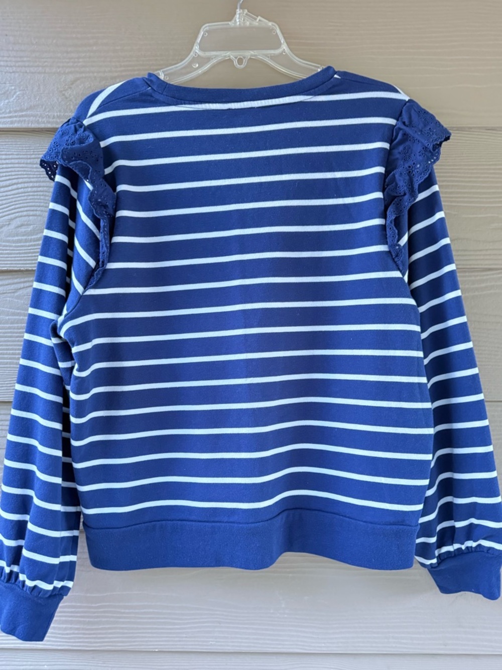 J.Crew Factory Women's White Navy Stripe Ruffle Lace Sleeve Sweatshirt Size XL - Picture 8 of 12